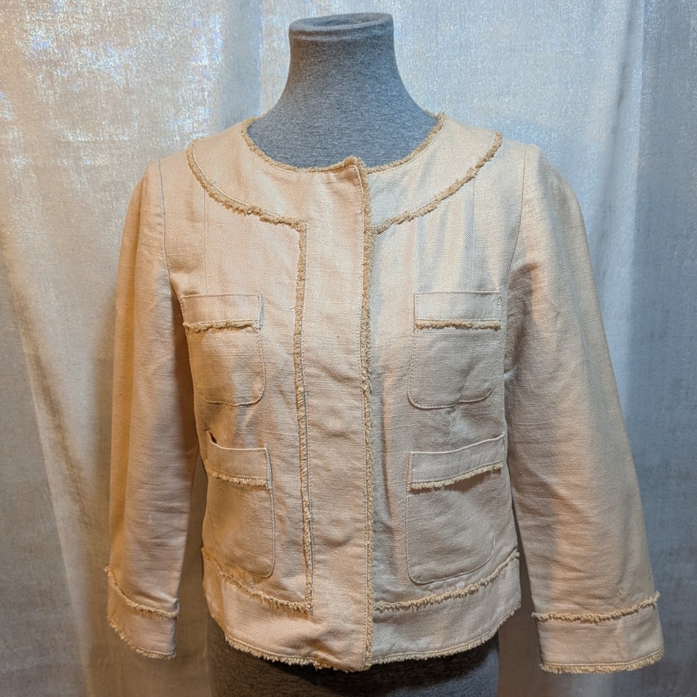 GAP M‎ Beige Flax Frayed Trim Neutral Minimalist Crop Jacket Career Boss Date - Picture 3 of 11